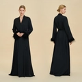 Luxury black satin long robe with feather trim sleeves and matching waist tie - S / Black