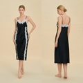 Elegantes schwarzes Satin-Unterkleid mit kontrastierender weißer Spitze und Trägern - S / Schwarz