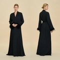 Elegant black silk robe for women with luxurious feather trim on long sleeves - S / Black