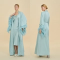Elegant ice blue satin sleepwear set for women with luxurious feather trim on the sleeves - Cloud Blue