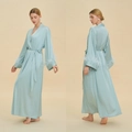 Luxurious light blue satin robe with elegant ostrich feather trim on the sleeves - One Size / Cloud Blue