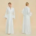 Elegant white satin long robe with luxurious feather cuffs and matching waist tie belt - S / White