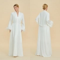 Elegant white luxury satin bathrobe featuring decorative feather cuffs and long waist tie - S / White