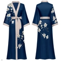 Peignoir en satin bleu foncé pour femme avec fleurs de magnolia et bordure beige - Taille unique / Passage de Lune (Bleu Foncé & Magnolia)