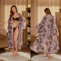 Peignoir floral en satin pour femme avec motifs violets et ceinture assortie - Taille unique / Imprimé Grandes Fleurs Lavande
