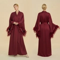 Luxurious burgundy satin robe with elegant feather trim on sleeves for women - One Size / Style 4007 (WP4007) / Burgundy