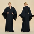 Elegant black long bridal robe with luxury feather trim on sleeves and matching waist belt - One Size / Style 4007 (WP4007) / Black
