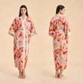 Peignoir kimono en satin rouge à fleurs pour femme avec bordure crème et ceinture - Taille Unique / Pivoine Abstraite