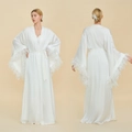 Elegant white satin bridal robe with luxurious feather trim on sleeves and belted waist - One Size / Style 4007 (WP4007) / White