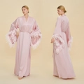Elegant light pink silk bridal robe with luxurious feather trim on the wide cuffs - One Size / Style 4007 (WP4007) / Lotus root pink