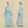 Light blue satin bridal robe with luxurious feather trim sleeves and waist tie - One Size / Style 4007 (WP4007) / Cloud Blue