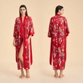 Peignoir long élégant en satin rouge avec motifs floraux et ceinture pour femmes - Taille Unique / Coucher de Soleil Rose