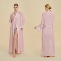 Three-piece pale pink silk-like pajama set with lace trim and elegant long robe - S / Lotus root pink