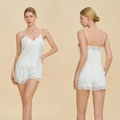 White satin pajama set with lace trim featuring delicate camisole top and matching shorts - XS / Lace Trim Cami Top And Shorts (4035) / White