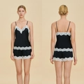 Women's black satin sleepwear set with white lace trim, camisole and shorts two-piece - XS / Lace Trim Cami Top And Shorts (4035) / Black