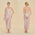 Elegant pale pink silk nightgown with deep V-neck, white lace trim and open back straps - S / Lotus root pink