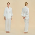 Elegant white silk pajama set with detachable feather cuffs and belted wrap top - S / White