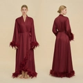 Luxurious deep burgundy satin robe with elegant feather trim on sleeves and hem - S / Burgundy