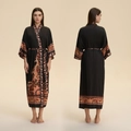 Elegant black satin kimono robe for women featuring intricate Paisley floral print details - One Size / Misty Rosy Clouds