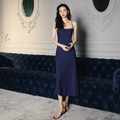 Elegant navy blue satin slip nightgown with draped neck for women in a vintage setting - 2878 Tibetan Blue / M