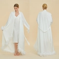 White silk pajama set with luxury long robe and fluffy feather trim for women - S / White