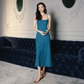 Elegant dark cyan satin slip dress featuring a draped cowl neck and minimalist slim fit - 2878 Royal Blue / M