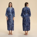 Women's long navy blue kimono robe with garden prints and satin finish showing front and back - One Size / Night Mirage