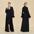 Women's black satin sleepwear set with feather trim robe and slip dress set - S / Black