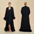 Luxury black satin long robe set for women with ostrich feather trim on sleeves and hem - S / Black