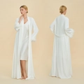 Luxury white silk pajama set featuring a long silk robe with elegant feather trim sleeves - S / White
