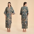 Deep cyan floral kimono bathrobe for women with peacock prints and smooth silky texture - One Size / Gold Feather Jewel