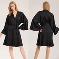 Elegant matte black satin robe for women with kimono sleeves and ruffled hem details - One Size / Black