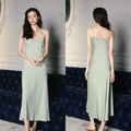 Sage green satin slip nightdress for women with thin straps and a smooth silk finish - 2878 Light Green / M