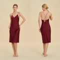 Satin deep V-neck backless nightdress in burgundy red with delicate criss-cross straps - XS / Burgundy