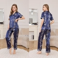 Dark blue ice silk pajama set with white floral print and short sleeve button-down top - Broken Snow Blue