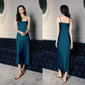 Elegant emerald green satin slip nightgown with draped neck in a sleek midi length - 2878 Dark Blue / M