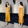 Elegant mustard yellow satin slip nightdress with a sleek backless and cowl neck design - 2878 Golden / M