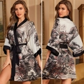 Short satin kimono robe with traditional landscape print and black contrast trim - Black Trim Landscape