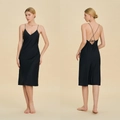 Elegant black satin slip dress with V-neck and open back crossover lace-up detail - XS / Black