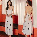 Elegant pearl white satin slip dress with black polka dots and criss-cross back straps - 2661 White Background With Black Dots / L