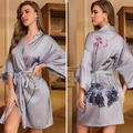 Grey satin robe with blue floral print and three-quarter sleeves in a luxurious silk style - Grey Lotus Print