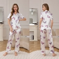 Short sleeve ice silk pajamas set with butterfly print and matching long pants - Purple Butterfly