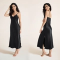 Elegant black silk nightgown with lace trim and high side slit detail for women - M / Black