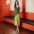 Elegant gradient green satin nightgown with slim straps and silk scarf for women - M / Yellow-Green Gradient