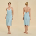 Light blue silk satin slip nightgown with deep V-neck and crisscross backless design - Aqua