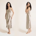 Elegant champagne satin nightgown with pleated bust and sexy side slit detail - M / Camel