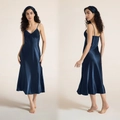 Navy blue silk satin slip nightgown for women with lace V-neck and bow detail - M / Navy Blue