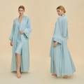 Sky blue satin pajama set for women featuring long robe with feather trim on sleeves - S / Cloud Blue