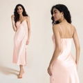 Elegant light pink satin slip nightgown with lace trim and side slit detailing - M / Dusty Pink