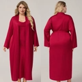 Women's two-piece wine red satin long robe and nightgown set with elegant cowl neck - 1XL / Burgundy